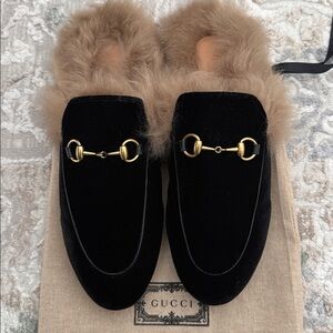 Black Velvet Fur-Lined Horsebit Mules